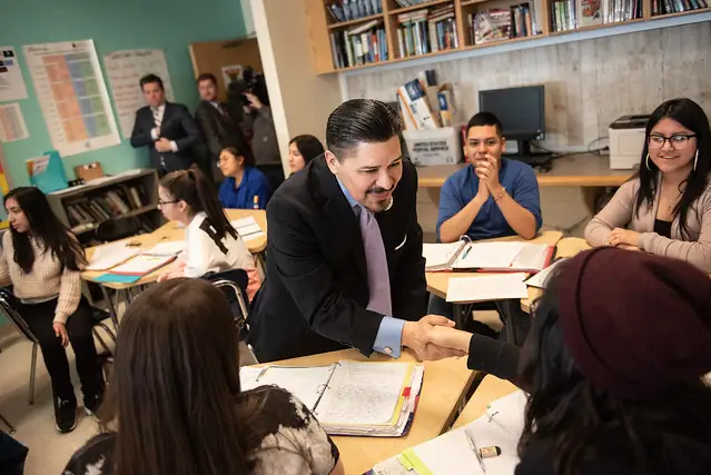 Schools Chancellor Richard Carranza visits a classroom at Civic Leadership Academy in Queens on Tuesday, February 26, 2019.